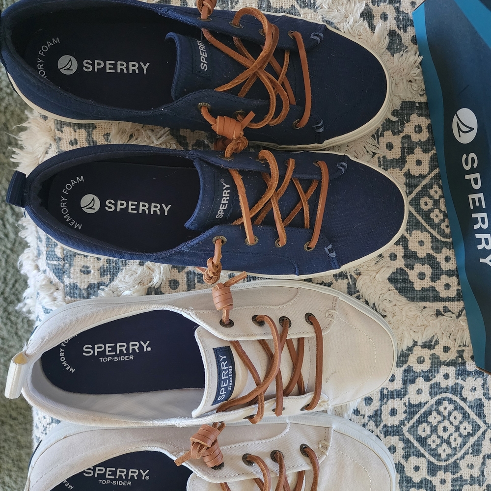 Sperry Navy & White Canvas Lace-Up Sneakers with Tan Laces